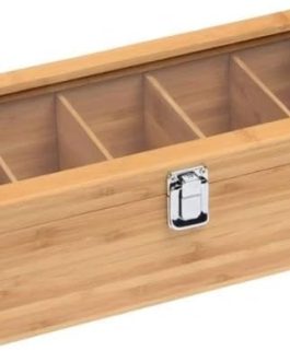 Bamboo Tea Box, 5 Compartment Chest Organiser with Acrylic Glass Lid, 30 x 10 x 9 cm