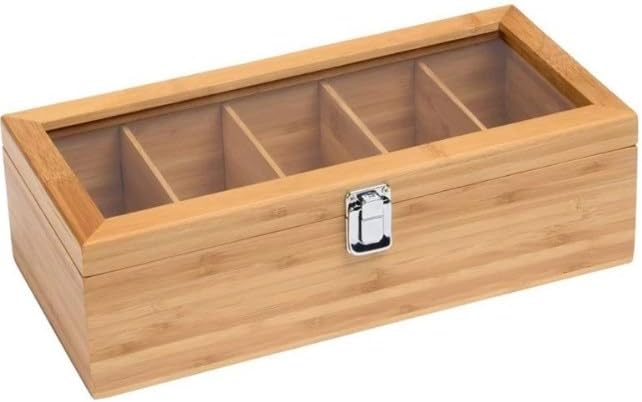 Bamboo Tea Box, 5 Compartment Chest Organiser with Acrylic Glass Lid, 30 x 10 x 9 cm