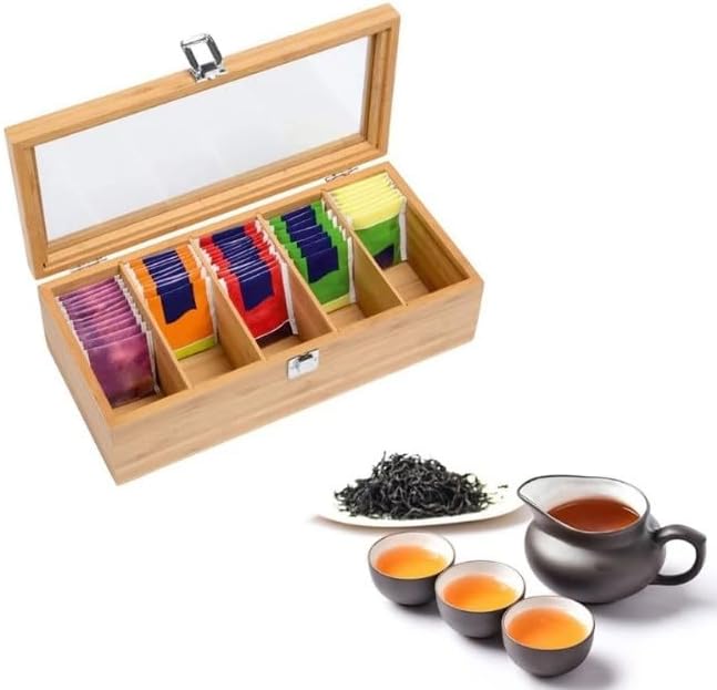 Bamboo Tea Box, 5 Compartment Chest Organiser with Acrylic Glass Lid, 30 x 10 x 9 cm - Image 3