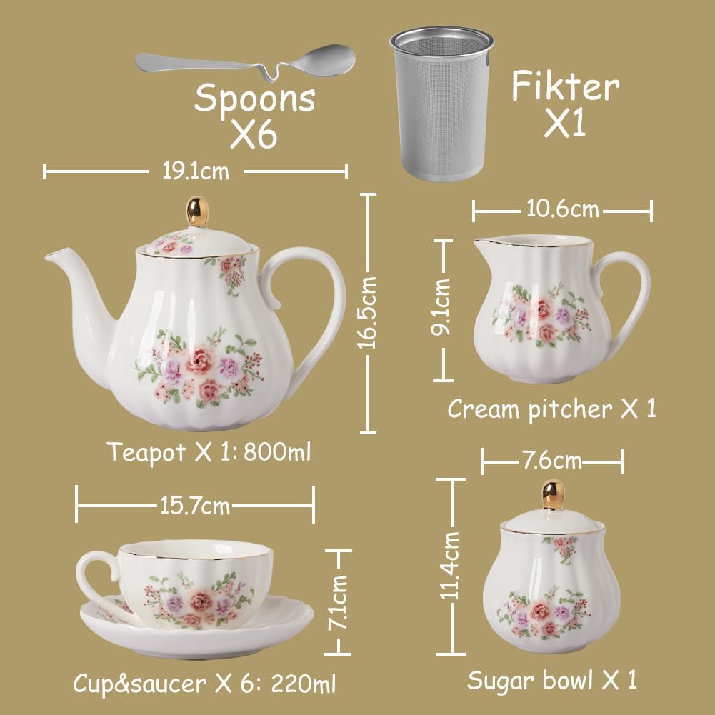 Porcelain Tea Set, Cups and Saucer Service for 6, with Teapot, Cream Pitcher, Teaspoons, and Tea Strainer, Suitable for High Tea, Wedding, Party (Jade) - Image 7