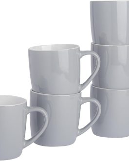 Grey Coffee Mugs 350ml – Pack of 6 Gloss Ceramic Stoneware Latte Cappuccino Cups