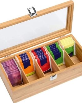 Bamboo Tea Box, 5 Compartment Chest Organiser with Acrylic Glass Lid, 30 x 10 x 9 cm