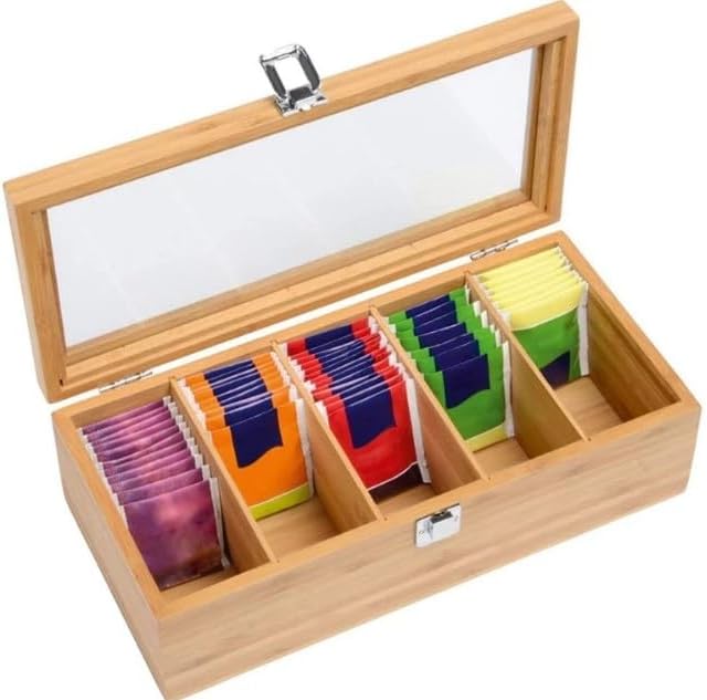 Bamboo Tea Box, 5 Compartment Chest Organiser with Acrylic Glass Lid, 30 x 10 x 9 cm - Image 2
