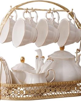 21-Piece Simple White Ceramic Tea Set with Teapot, Bone China Coffee Cups, Metal Holders & Matching Spoons, Afternoon Tea Service