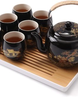 Japanese Porcelain Tea Set, 1 Teapot, 6 Cups, Tea Tray, Stainless Infuser, Golden Countryside Design