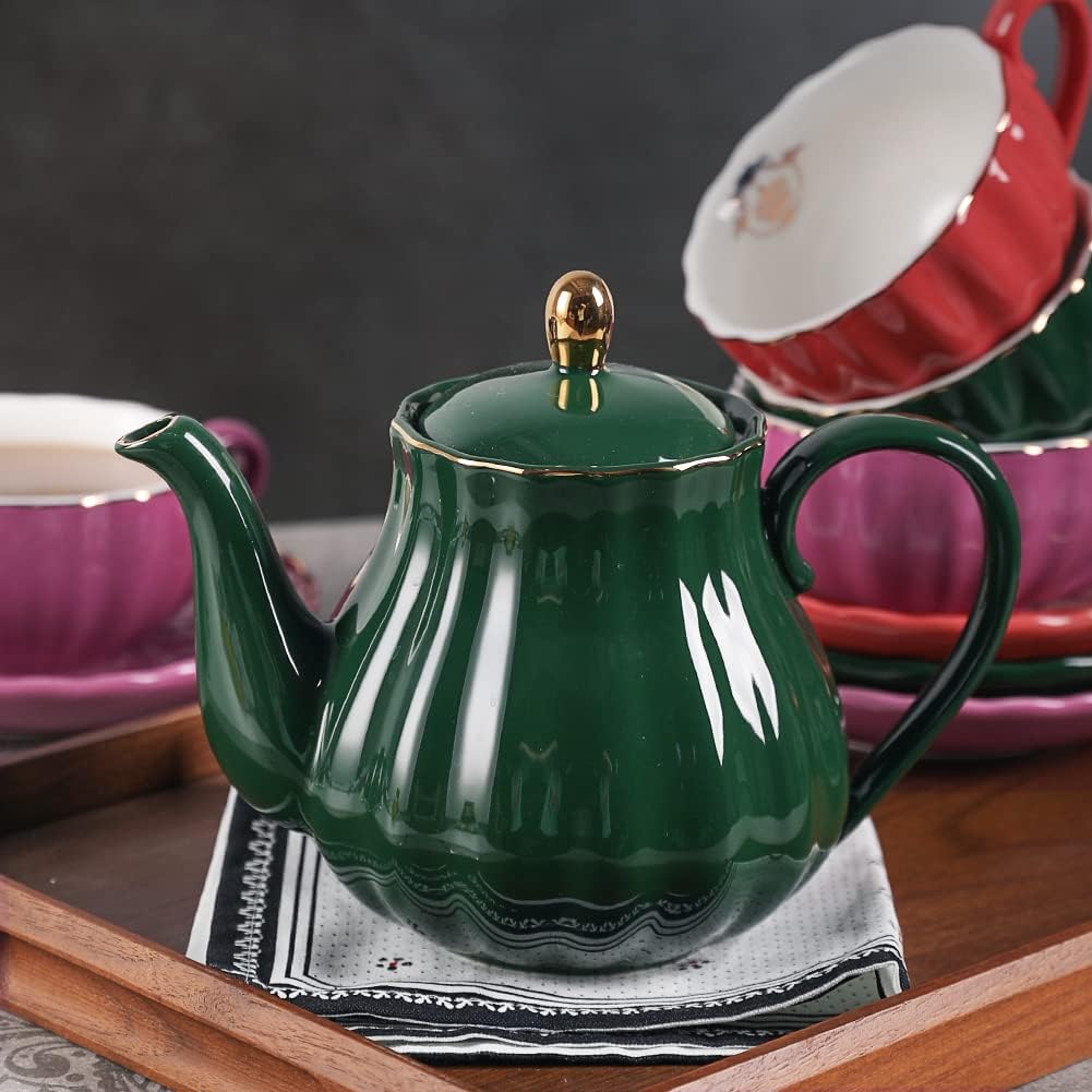 Porcelain Tea Set, Cups and Saucer Service for 6, with Teapot, Cream Pitcher, Teaspoons, and Tea Strainer, Suitable for High Tea, Wedding, Party (Jade) - Image 5
