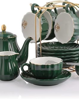 Porcelain Tea Set, Cups and Saucer Service for 6, with Teapot, Cream Pitcher, Teaspoons, and Tea Strainer, Suitable for High Tea, Wedding, Party (Jade)