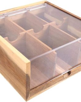 Acacia Wood Tea Box Organiser, 6 Compartments with Transparent Acrylic Lid