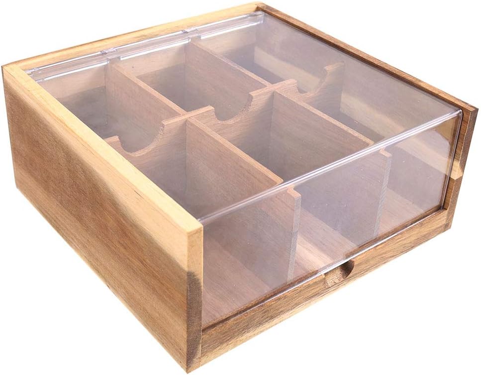 Acacia Wood Tea Box Organiser, 6 Compartments with Transparent Acrylic Lid - Image 2
