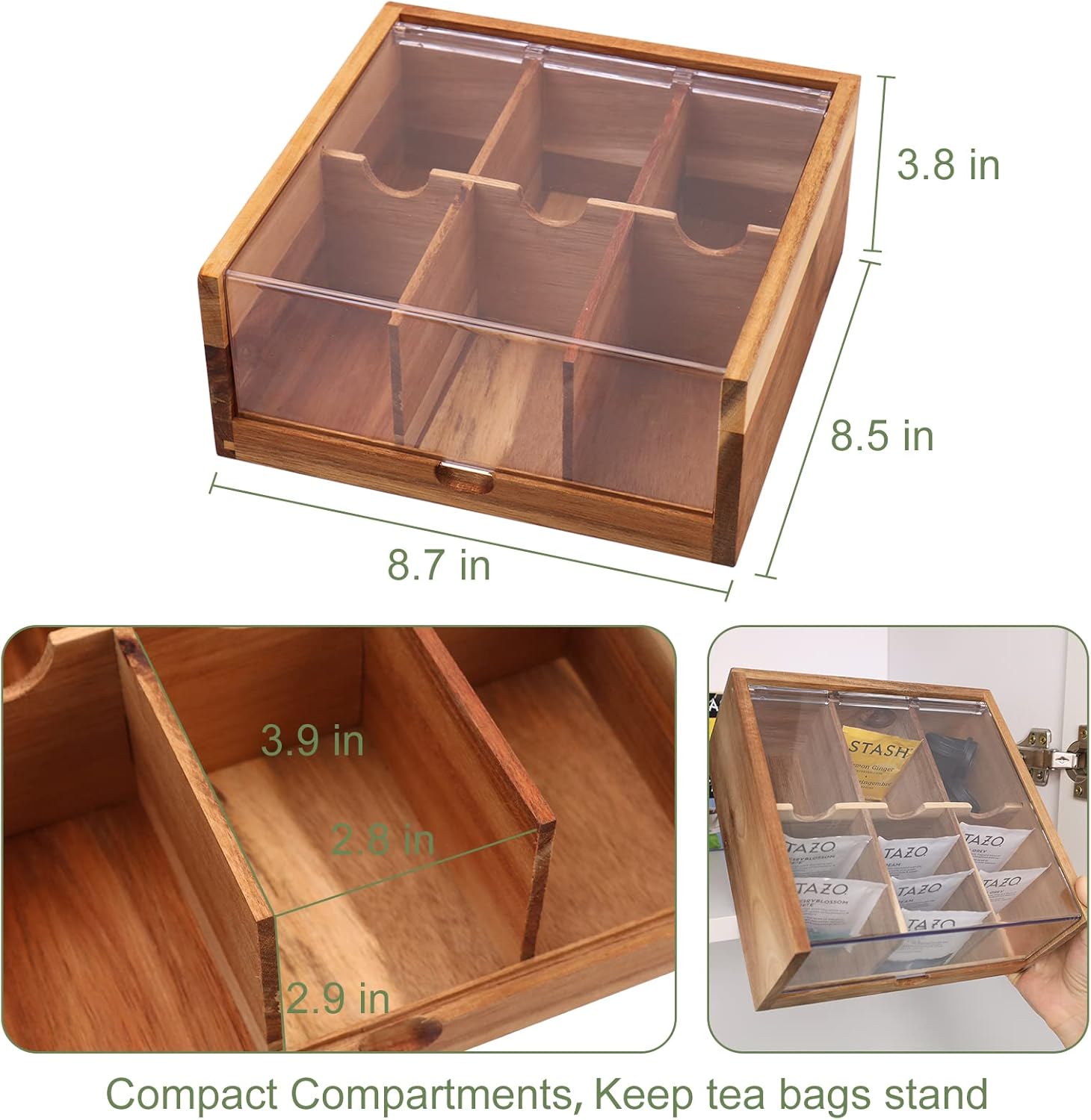 Acacia Wood Tea Box Organiser, 6 Compartments with Transparent Acrylic Lid - Image 4