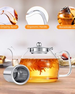Glass Teapot with Infuser, 1200 ml, Borosilicate Tea Pot with Strainer, Loose Tea Infuser for 4-6 Cups