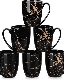 13oz Ceramic Coffee Mugs Set of 6, Black and Gold, Stoneware with Handle