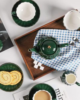 Porcelain Tea Set, Cups and Saucer Service for 6, with Teapot, Cream Pitcher, Teaspoons, and Tea Strainer, Suitable for High Tea, Wedding, Party (Jade)