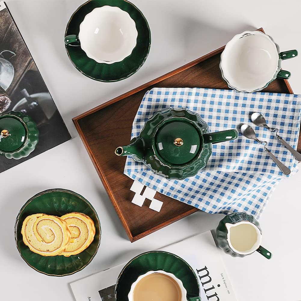Porcelain Tea Set, Cups and Saucer Service for 6, with Teapot, Cream Pitcher, Teaspoons, and Tea Strainer, Suitable for High Tea, Wedding, Party (Jade) - Image 2