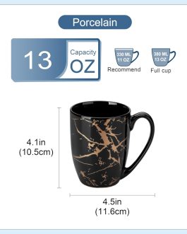 13oz Ceramic Coffee Mugs Set of 6, Black and Gold, Stoneware with Handle