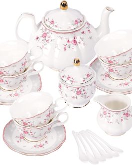21-Piece Pink Rose Porcelain Tea Set for 6, with Spoons, Coffee Cups and Saucers