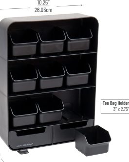 11-Drawer Tea Bag Organizer, Removable Drawers, 10.25″L x 3.25″W x 13.75″H, Black