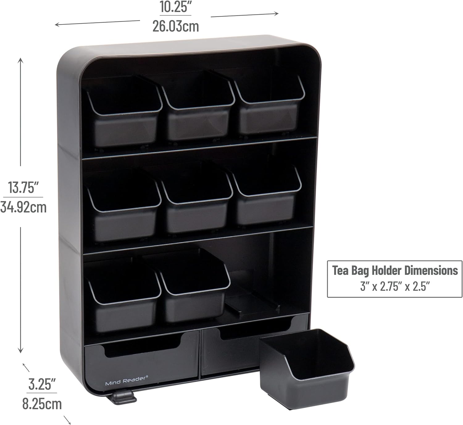 11-Drawer Tea Bag Organizer, Removable Drawers, 10.25"L x 3.25"W x 13.75"H, Black - Image 2