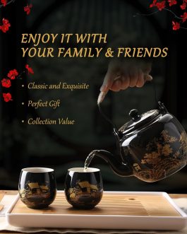 Japanese Porcelain Tea Set, 1 Teapot, 6 Cups, Tea Tray, Stainless Infuser, Golden Countryside Design
