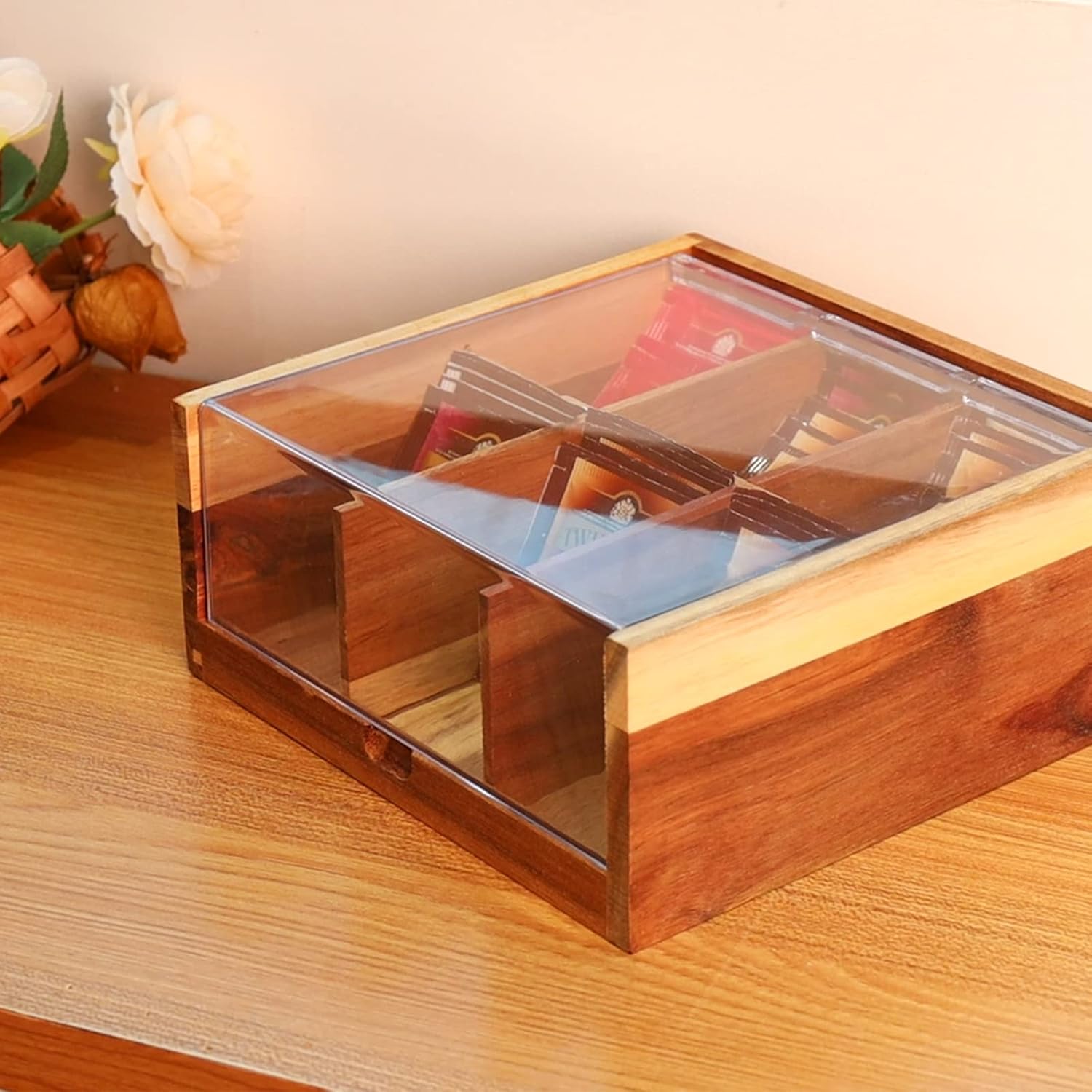 Acacia Wood Tea Box Organiser, 6 Compartments with Transparent Acrylic Lid - Image 3