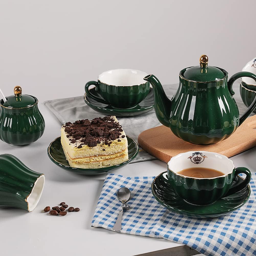 Porcelain Tea Set, Cups and Saucer Service for 6, with Teapot, Cream Pitcher, Teaspoons, and Tea Strainer, Suitable for High Tea, Wedding, Party (Jade) - Image 6