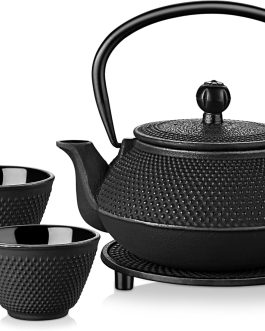 Cast Iron Teapot Set, Traditional Japanese Tetsubin Kettle with Stainless Steel Infuser, Antique Small Dot Design, 2 Cups and Trivet Tray, 700ml / 24oz