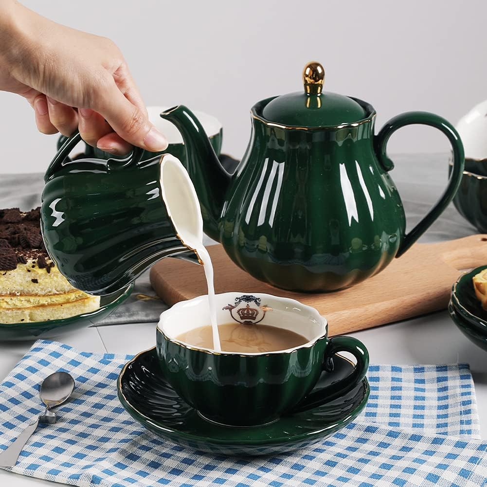 Porcelain Tea Set, Cups and Saucer Service for 6, with Teapot, Cream Pitcher, Teaspoons, and Tea Strainer, Suitable for High Tea, Wedding, Party (Jade) - Image 3