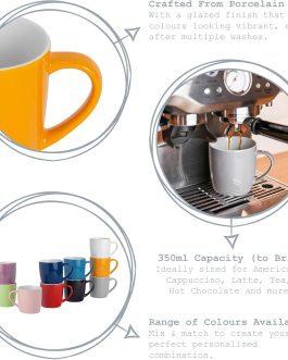 Grey Coffee Mugs 350ml – Pack of 6 Gloss Ceramic Stoneware Latte Cappuccino Cups