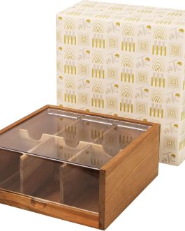Acacia Wood Tea Box Organiser, 6 Compartments with Transparent Acrylic Lid