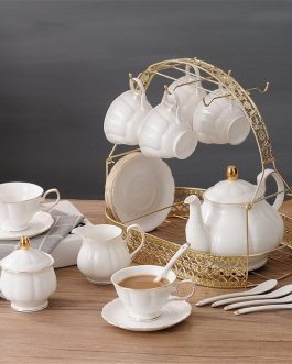 21-Piece Simple White Ceramic Tea Set with Teapot, Bone China Coffee Cups, Metal Holders & Matching Spoons, Afternoon Tea Service
