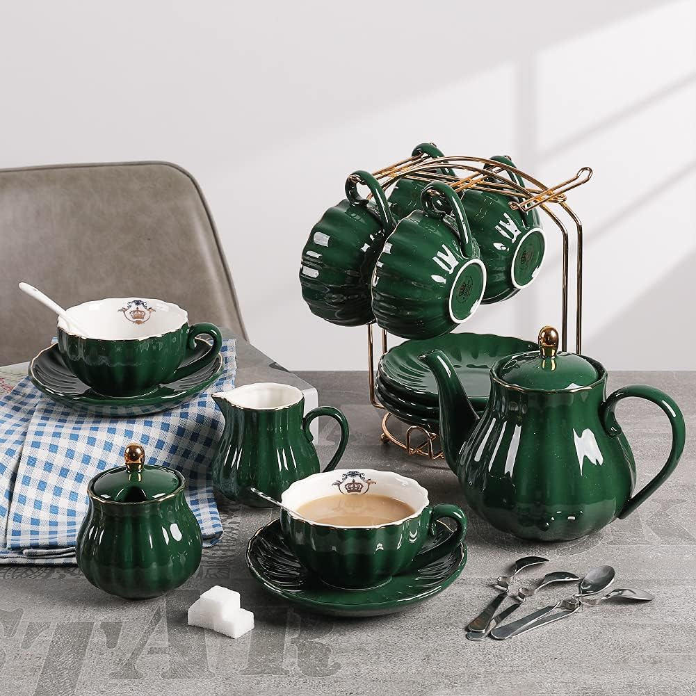 Porcelain Tea Set, Cups and Saucer Service for 6, with Teapot, Cream Pitcher, Teaspoons, and Tea Strainer, Suitable for High Tea, Wedding, Party (Jade) - Image 4