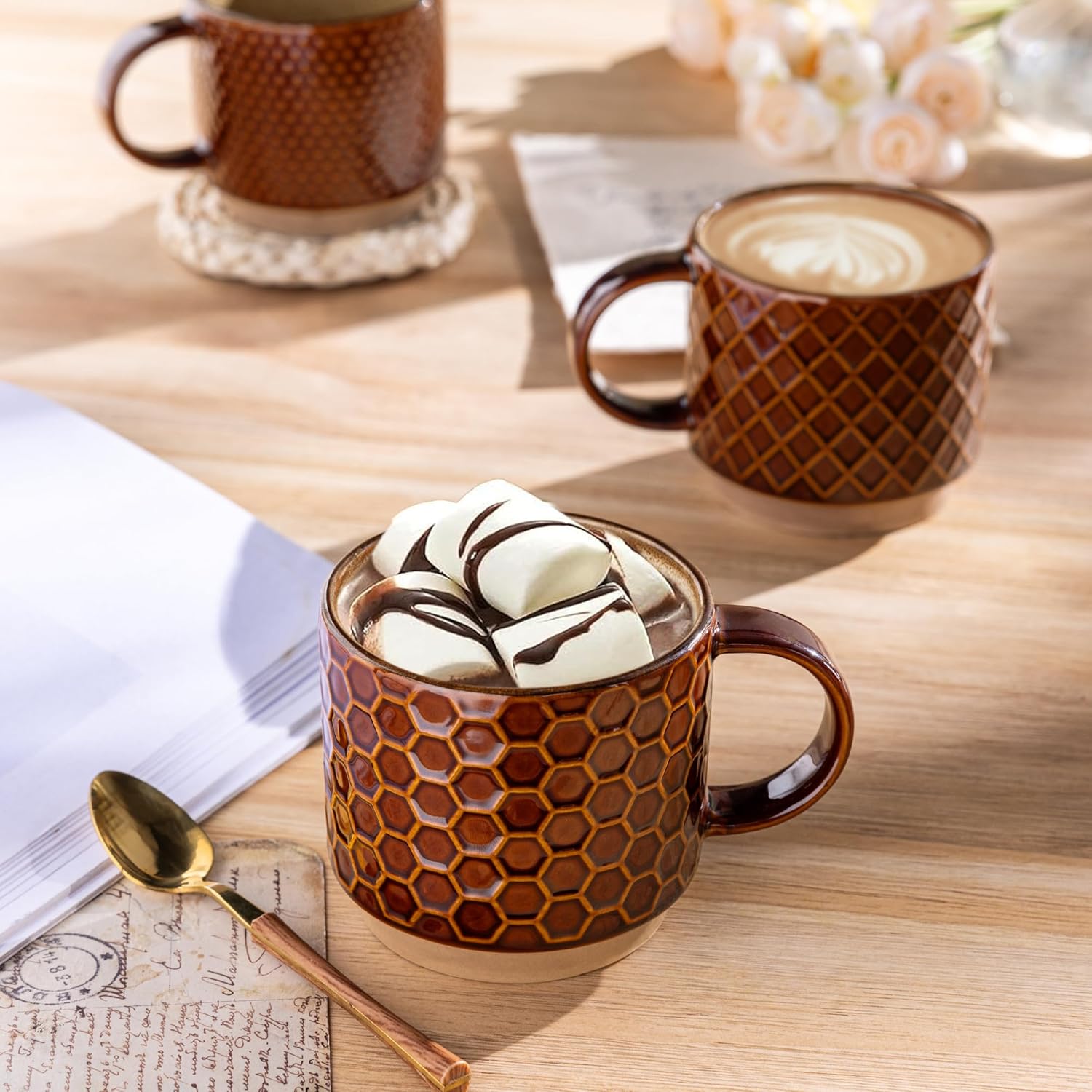 Set of 4 Stackable Ceramic Coffee Mugs 350ml - Textured Modern Cups, Dishwasher & Microwave Safe - Image 4