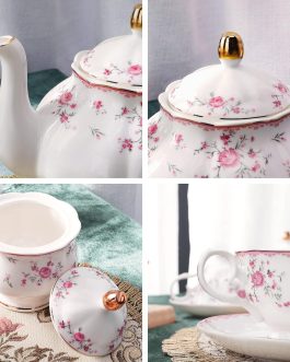 21-Piece Pink Rose Porcelain Tea Set for 6, with Spoons, Coffee Cups and Saucers