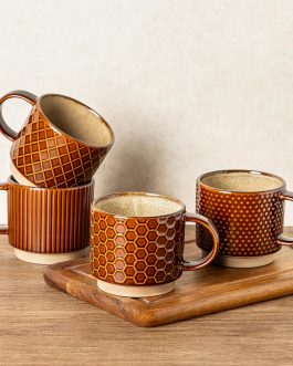 Set of 4 Stackable Ceramic Coffee Mugs 350ml - Textured Modern Cups, Dishwasher & Microwave Safe