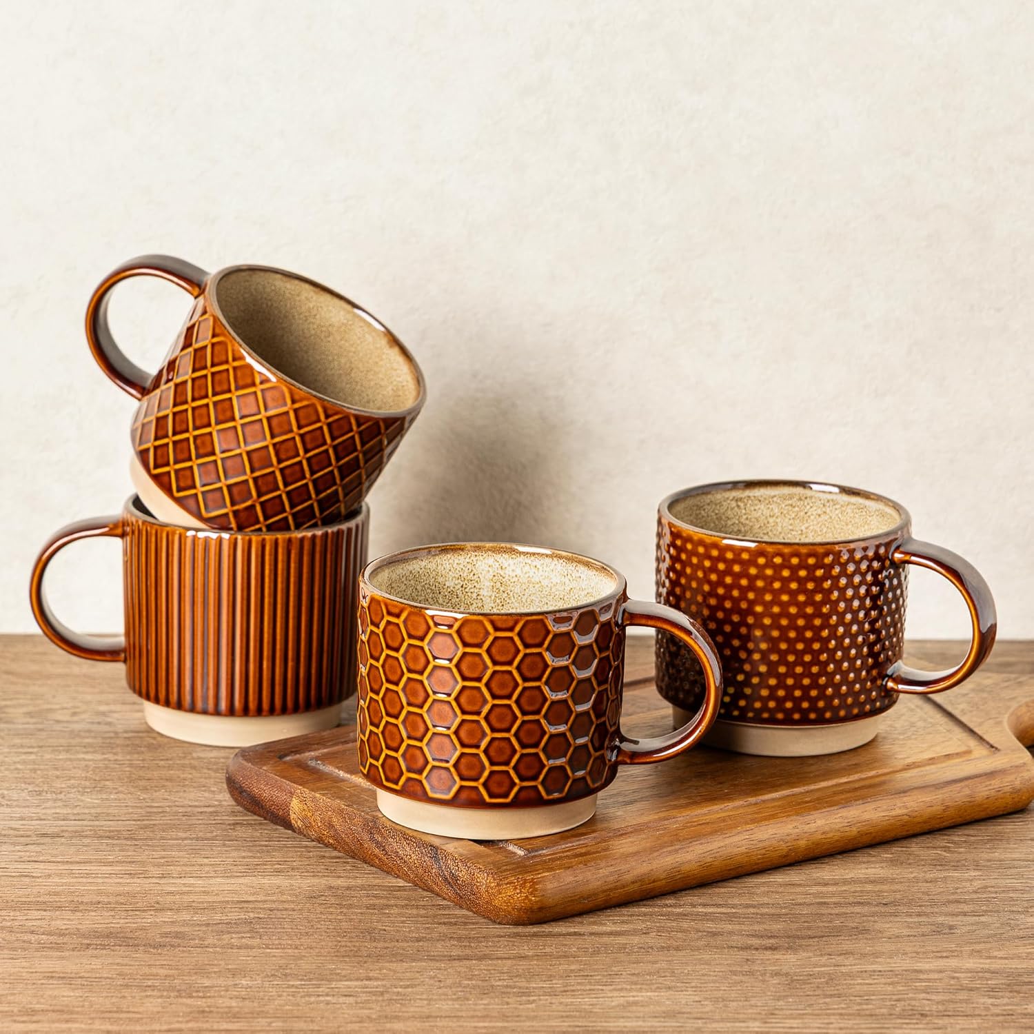 Set of 4 Stackable Ceramic Coffee Mugs 350ml - Textured Modern Cups, Dishwasher & Microwave Safe