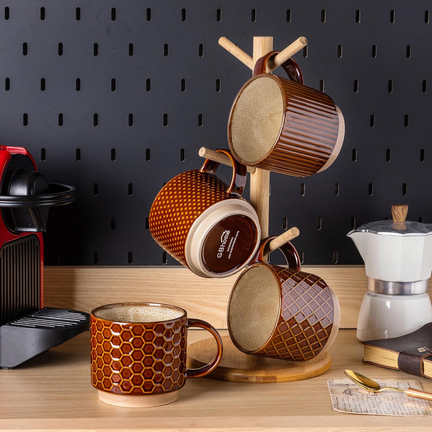 Set of 4 Stackable Ceramic Coffee Mugs 350ml - Textured Modern Cups, Dishwasher & Microwave Safe - Image 8