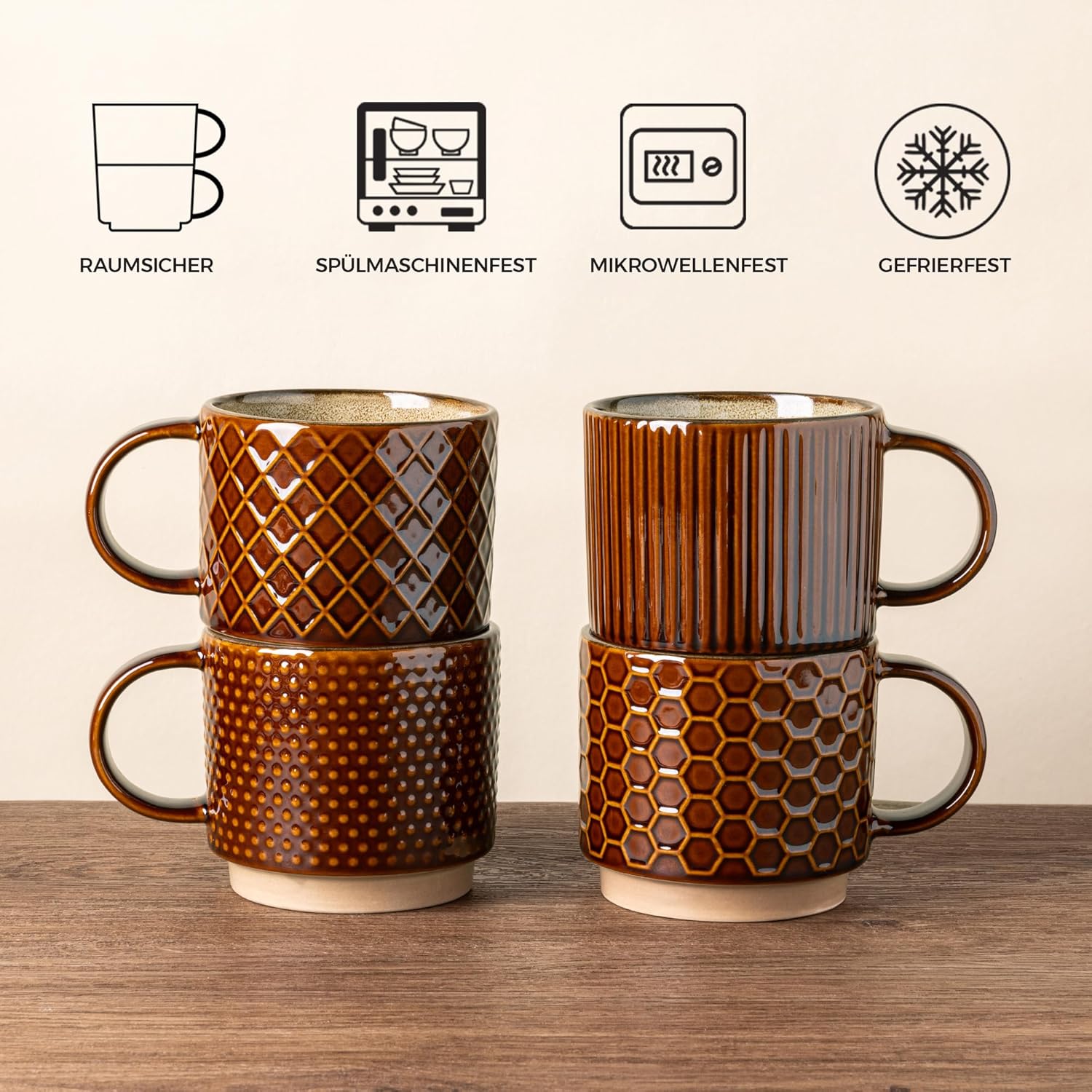 Set of 4 Stackable Ceramic Coffee Mugs 350ml - Textured Modern Cups, Dishwasher & Microwave Safe - Image 9