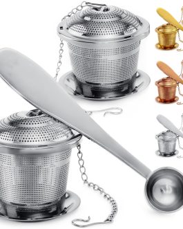 Set of 2 Tea Infusers with Tea Scoop & Drip Trays – 304 Stainless Steel Ultra Fine Mesh Loose Leaf Tea Strainer, Reusable Tea Steeper Basket